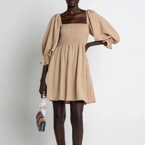 NWOT Kourt Portia Smocked Tan Puff Bubble 3/4 Sleeve Shirred Linen Mini Dress S